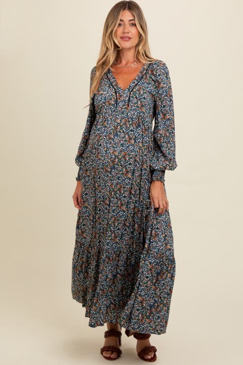 Floral V-Neck Bubble Sleeve Maxi Dress