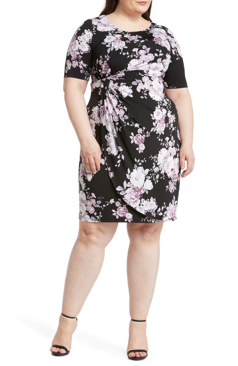 Connected Apparel Floral Faux Wrap Dress, Main, color, Black/ Dusty Rose