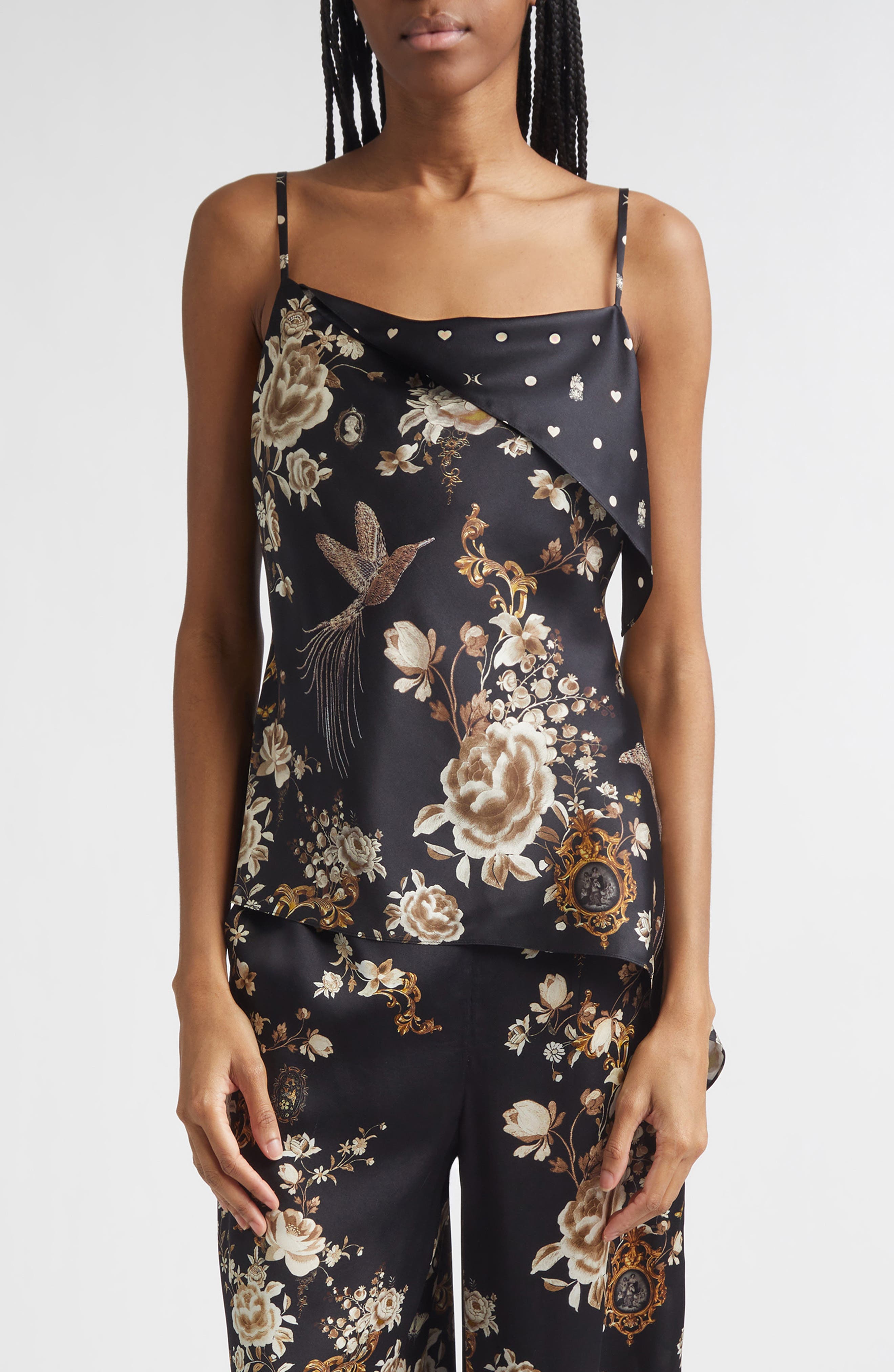 Flamenco Folklore Print Draped Asymmetric Silk Camisole