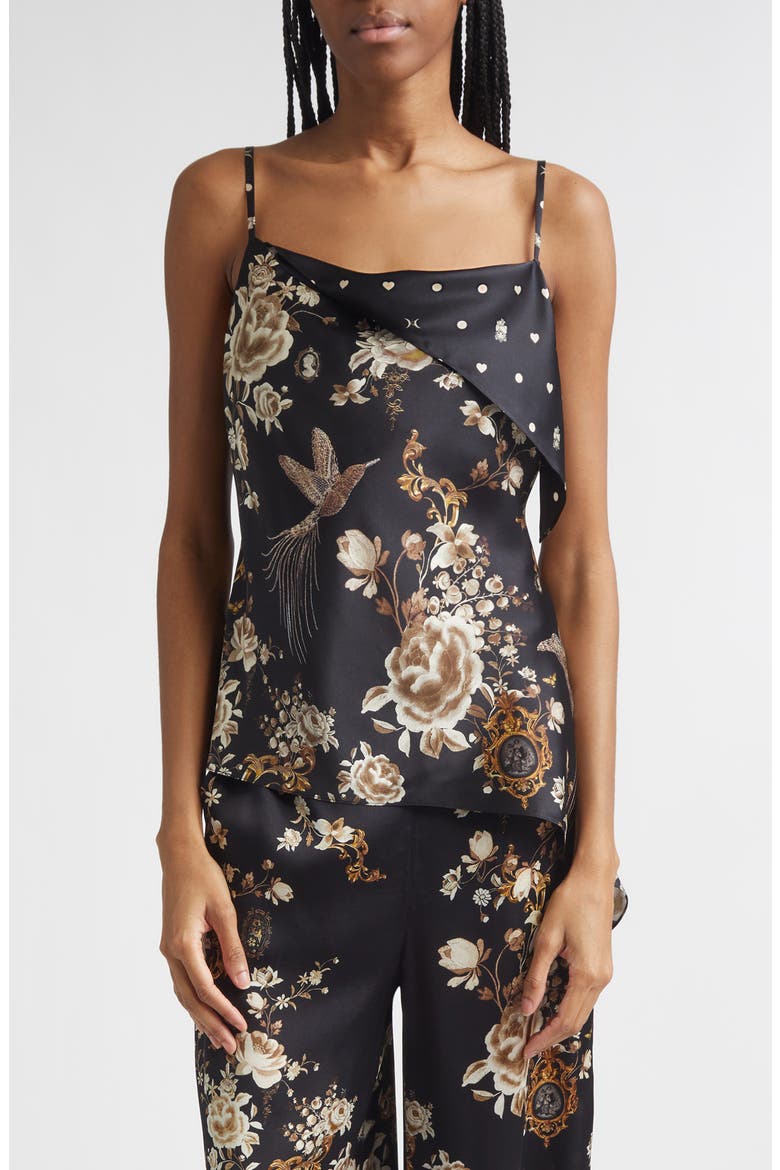 Flamenco Folklore Print Draped Asymmetric Silk Camisole, Main, color, FLAMENCO FOLKLORE