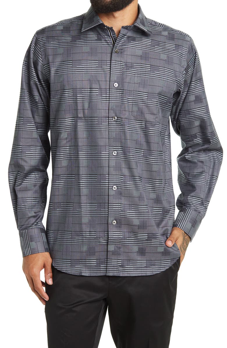 Bugatchi Shaped Fit Woven Check Pattern Button Front Shirt, Main, color,