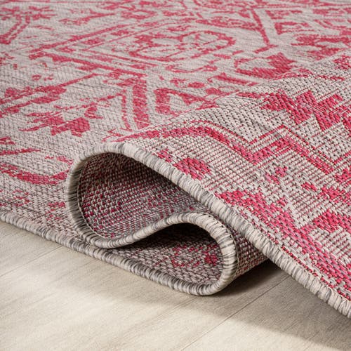 Jonathan Y Estrella Bohemian Medallion Textured Weave Indoor/outdoor Round Area Rug In Light Gray/fuchsia