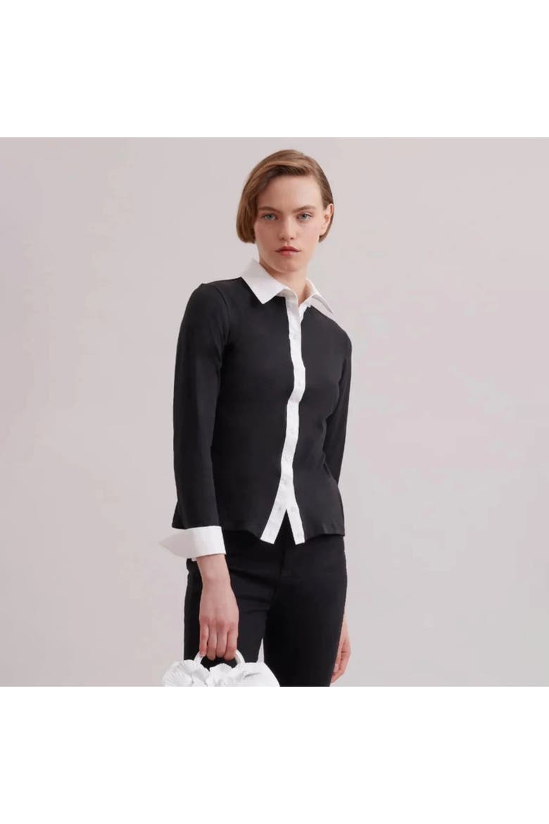 Women's Shirt  Nuage White Cotton Long Sleeve Shirt With Classic Collar And Front Buttons, Alternate, color, Black/White