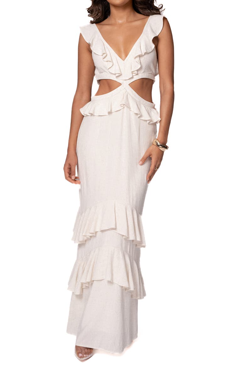 JLUXLABEL Sunshine Cutout Ruffle Cotton & Linen Maxi Dress, Main, color, 