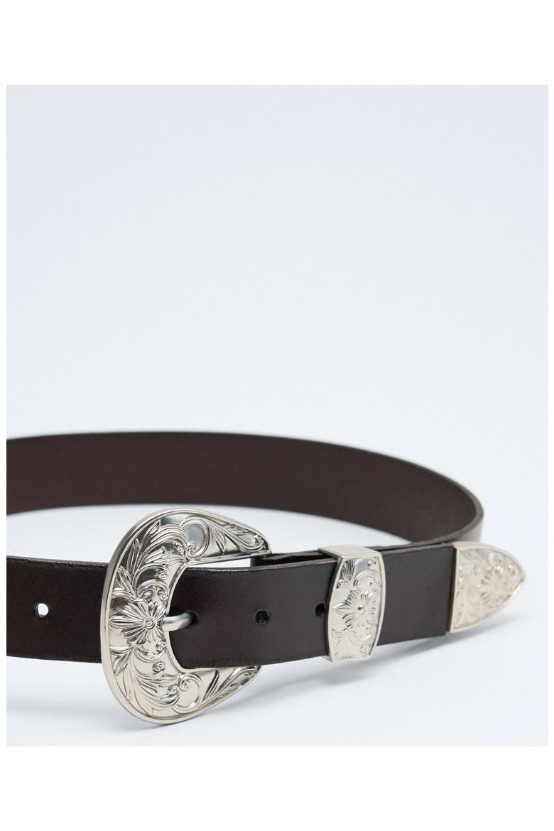 Engraved Buckle Leather Belt, Alternate, color, CHOCOLATE