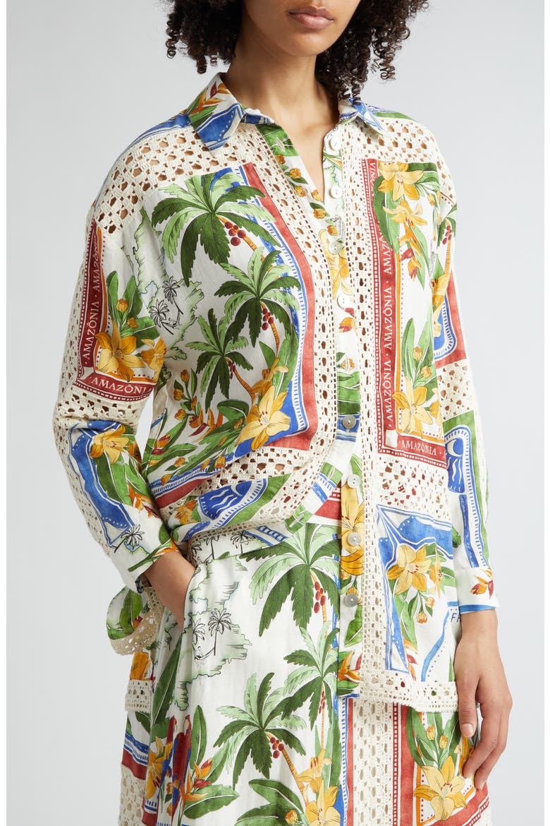Tropical Destination Crochet Detail Button-Up Shirt, Alternate, color, OFF-WHITE