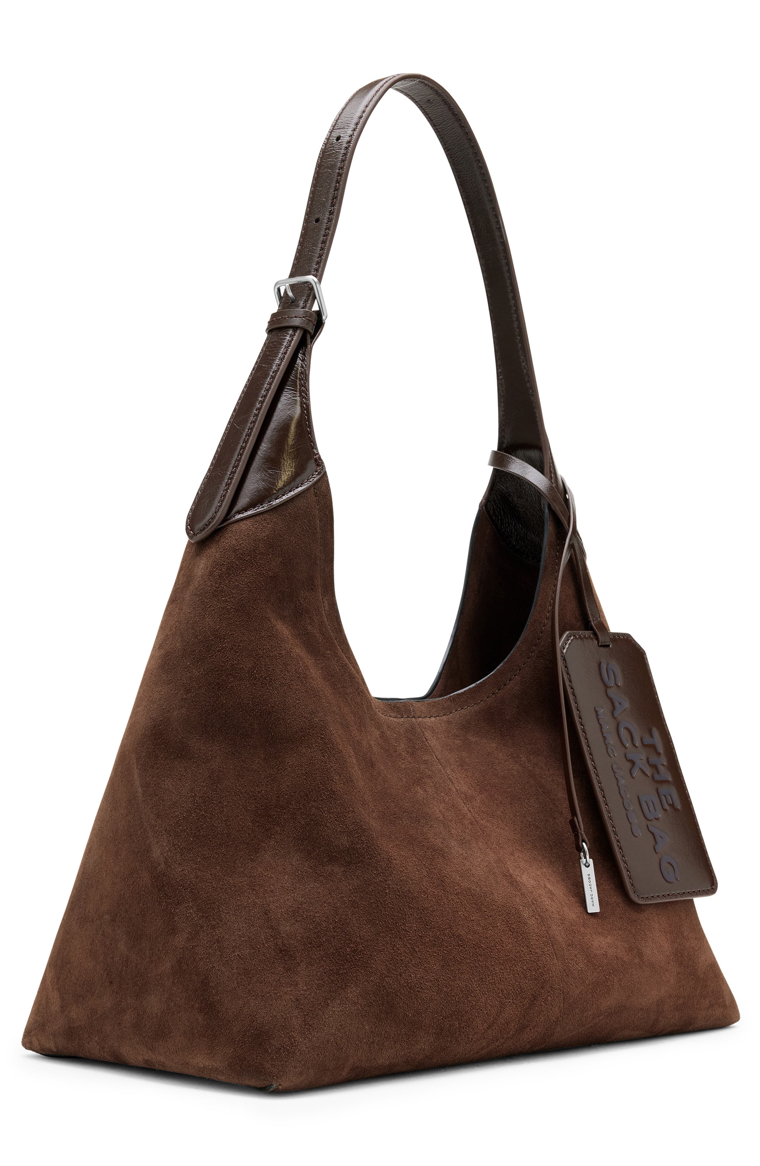 The Belted Sack Suede Leather Bag, Alternate, color, DARK BROWN