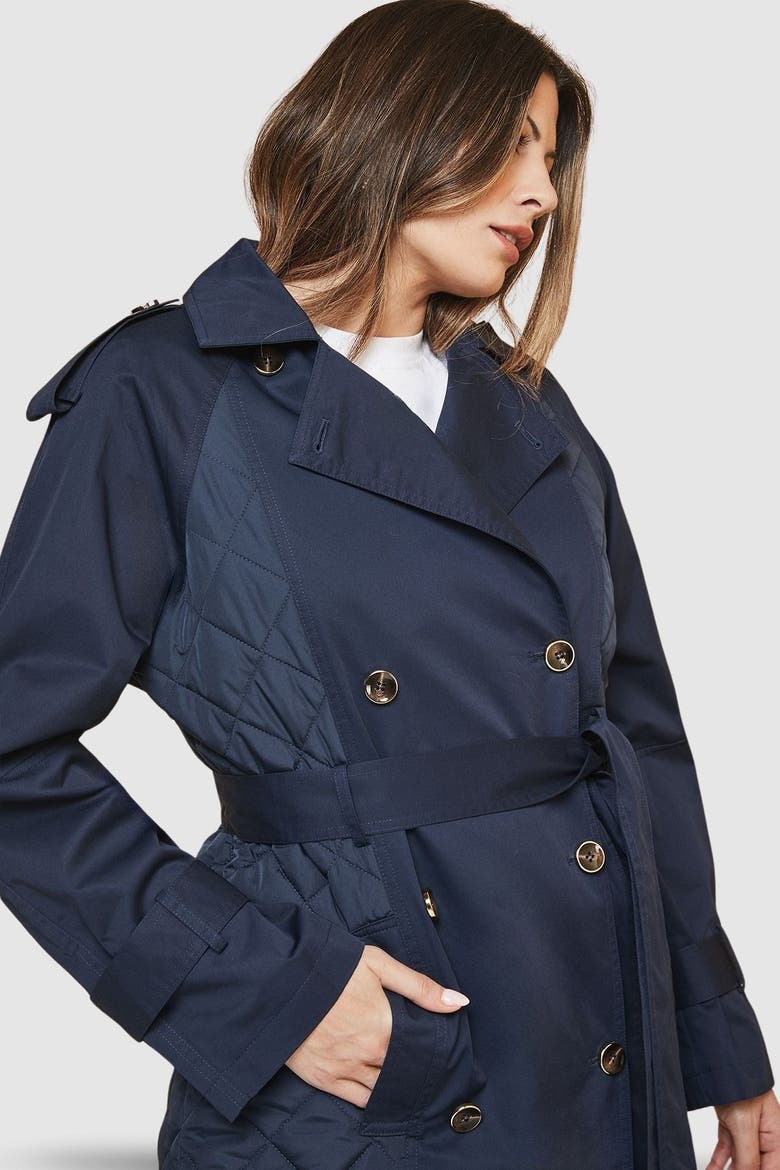 Padded Belted Trench Coat, Alternate, color, Navy