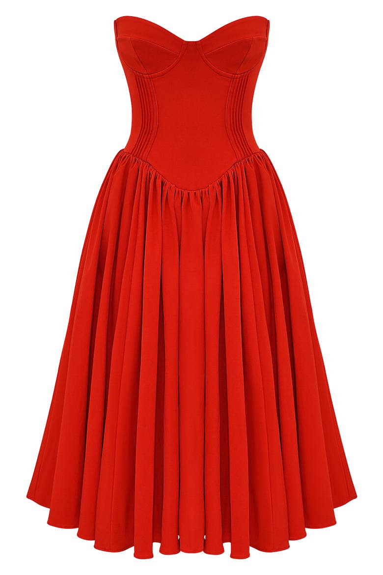 Elizabeth Strapless Corset Fit & Flare Midi Dress, Alternate, color, FLAME SCARLET