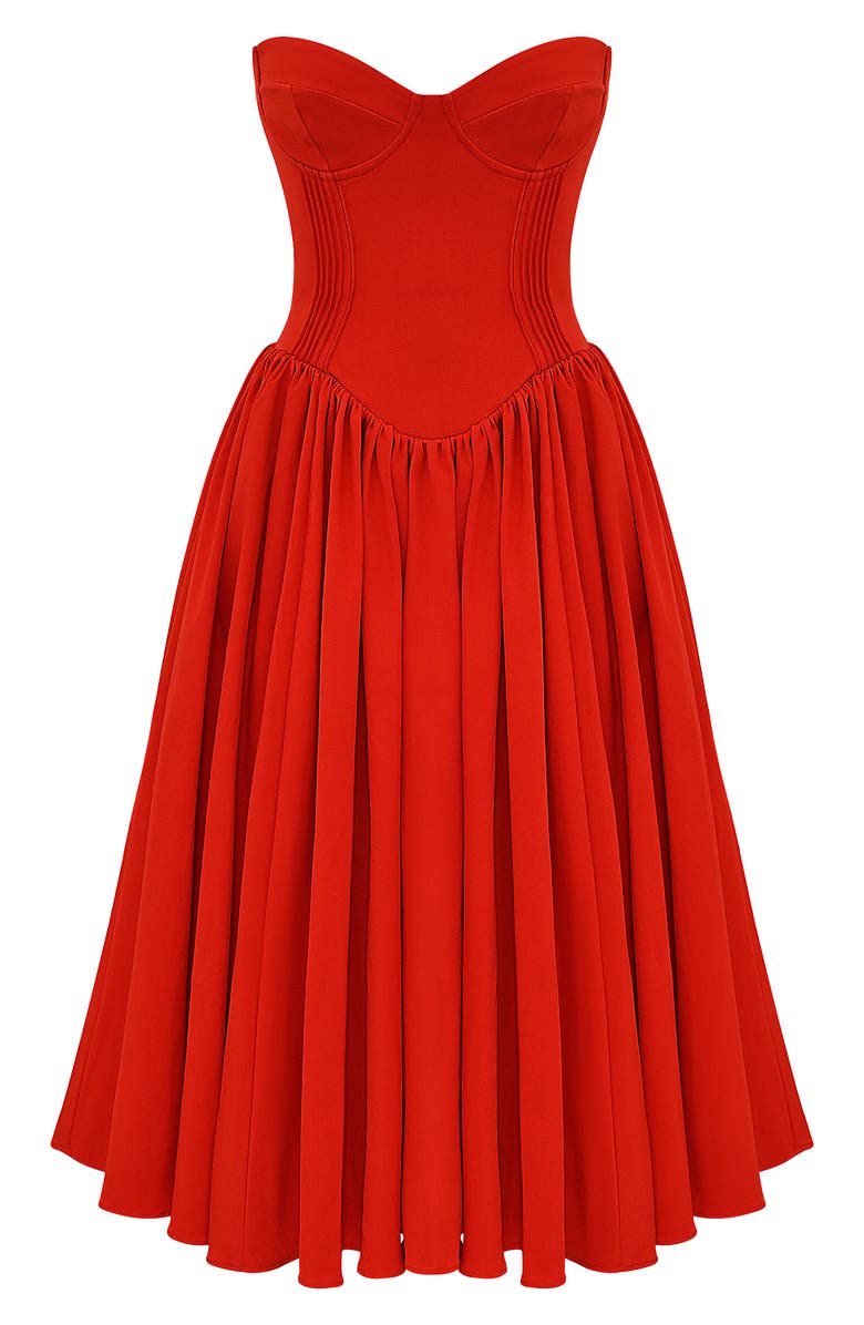 HOUSE OF CB Elizabeth Strapless Corset Fit & Flare Midi Dress, Alternate, color, Flame Scarlet