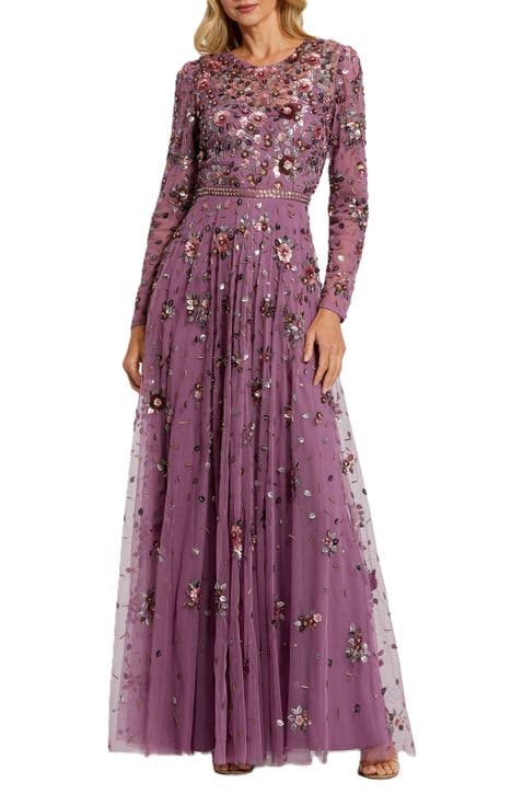 Long Sleeve High Neck Beaded Gown