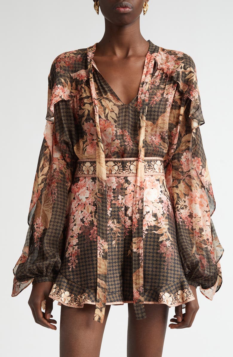 Zimmermann Tropical Floral Flutter Ruffle Tie Neck Top, Main, color, 