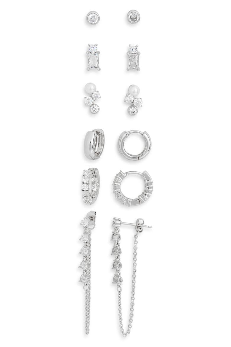 Pack of 6 Huggie & Stud Earrings, Main, color, CLEAR- SILVER