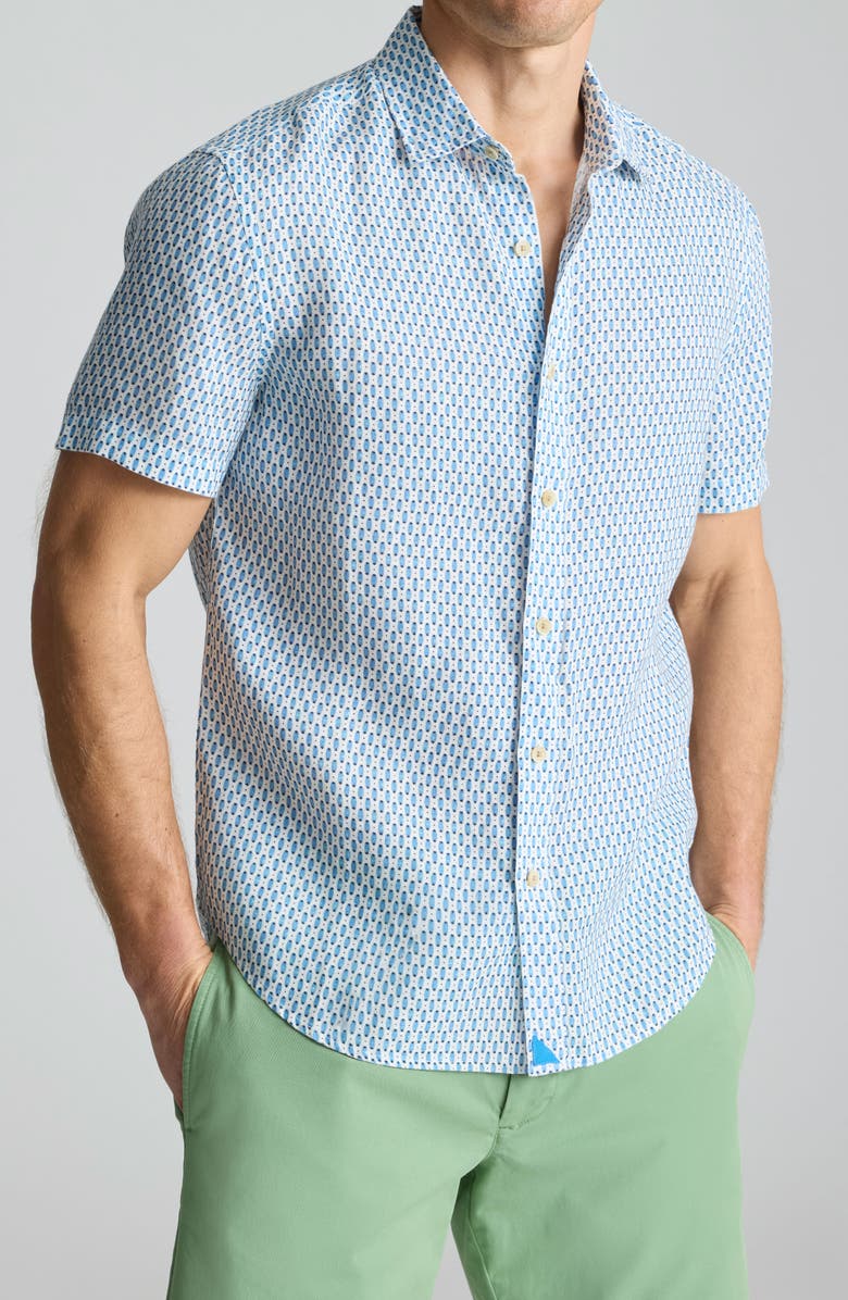 UNTUCKit Redcroft Microprint Short Sleeve Linen Button-Up Shirt, Main, color, Blue