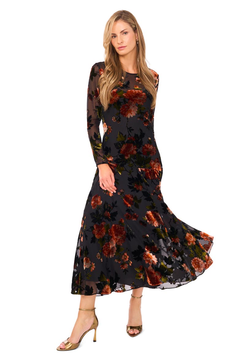 Floral Velvet Burnout Long Sleeve Dress, Alternate, color, RICH BLACK