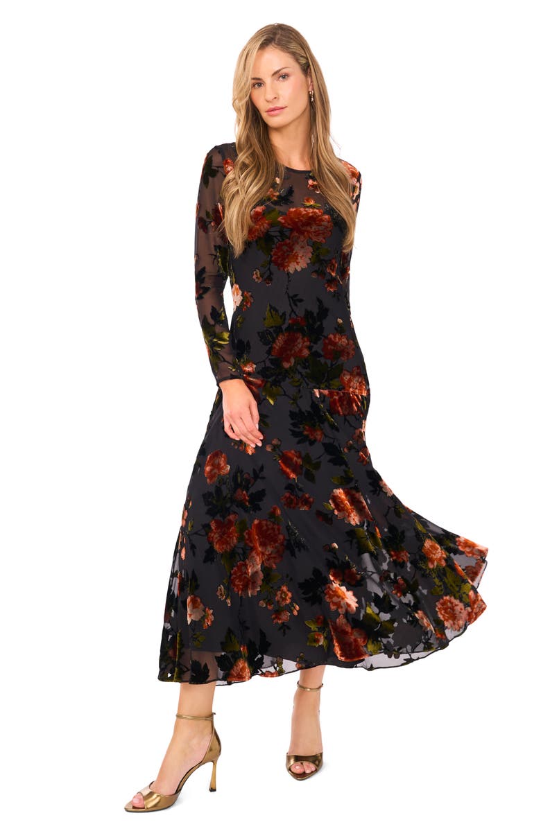 Ted Baker Floral Velvet Burnout Long Sleeve Dress, Alternate, color, Rich Black