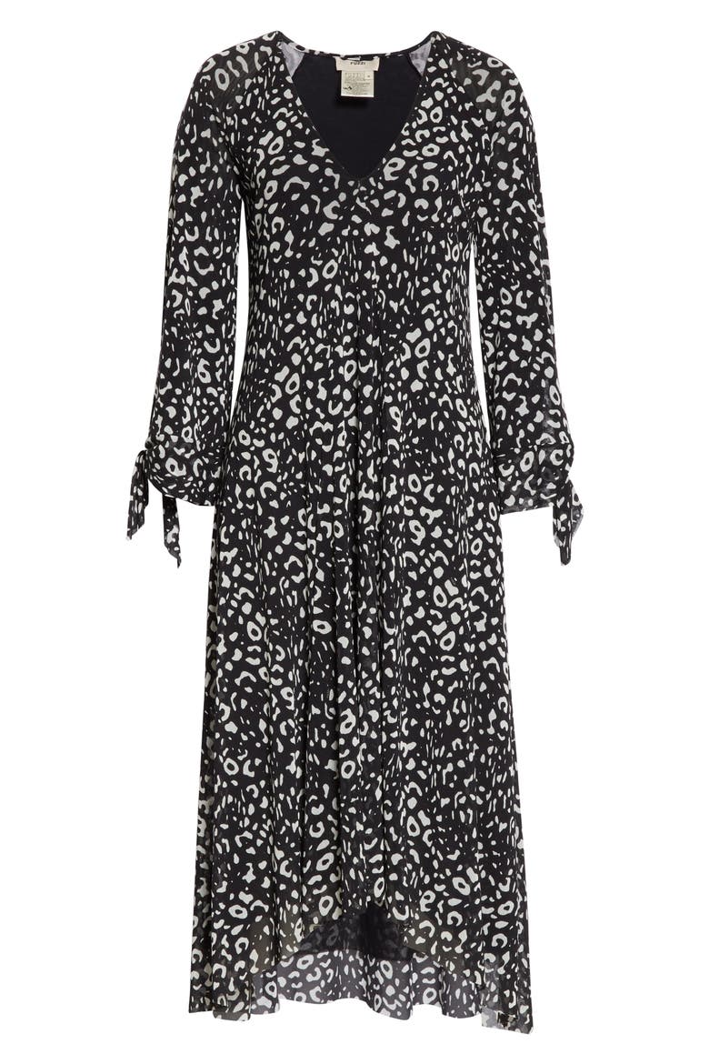 Leopard Print Tie Long Sleeve Midi Dress, Alternate, color, NERO