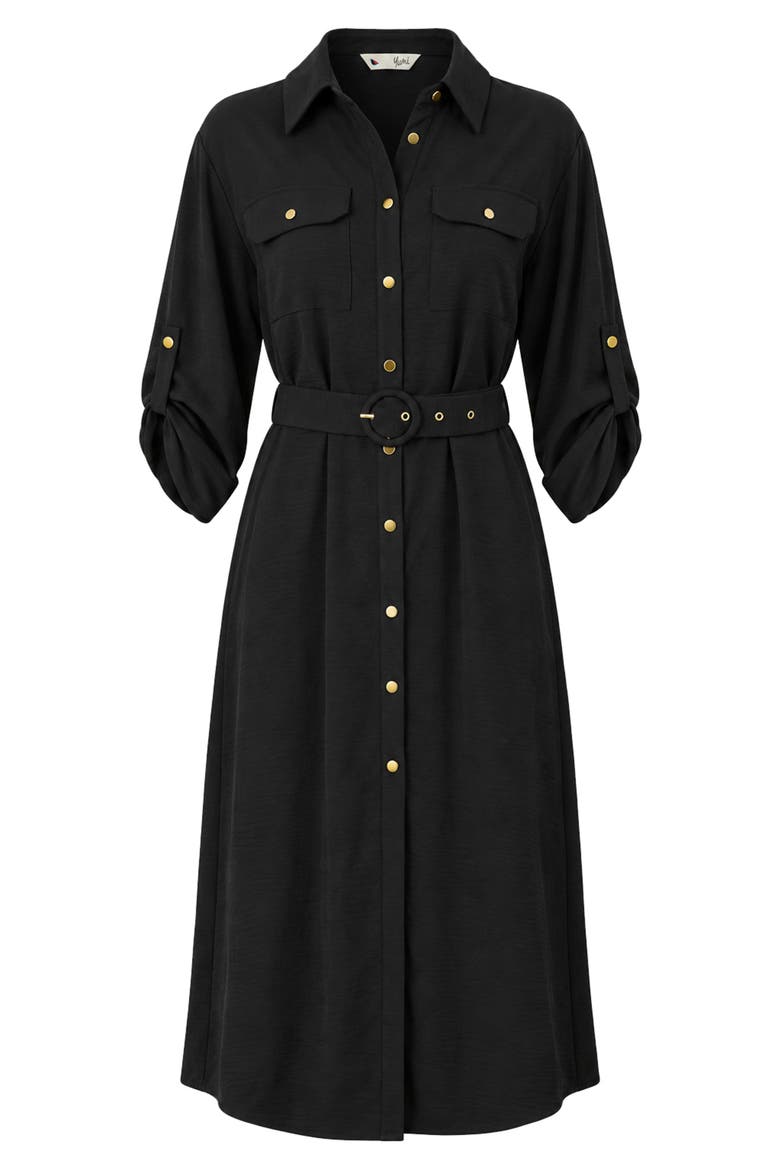 3/4 Sleeve Belted Midi Shirt Dress, Alternate, color, Black