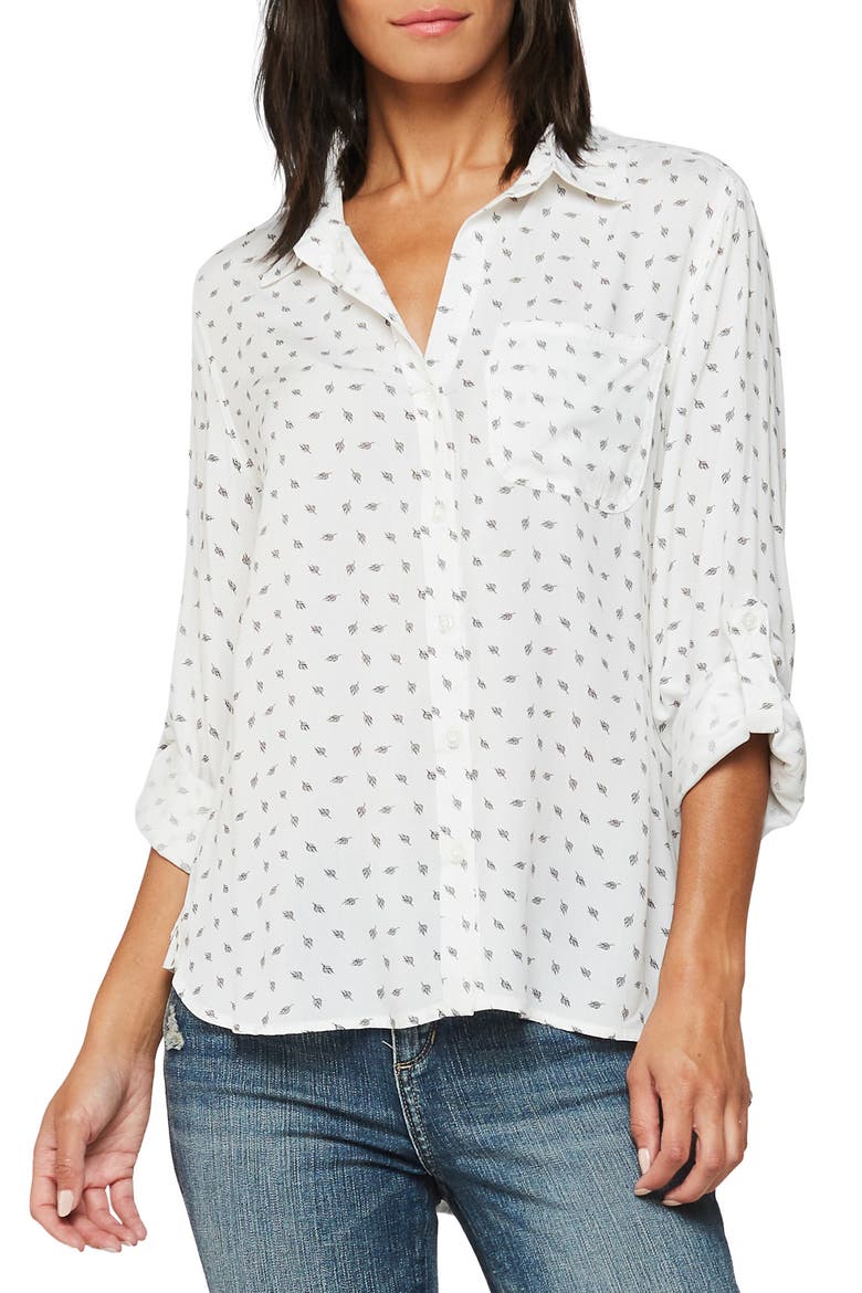 Roll Tab Sleeve Shirt, Main, color, WHITE BLACK FEATHER