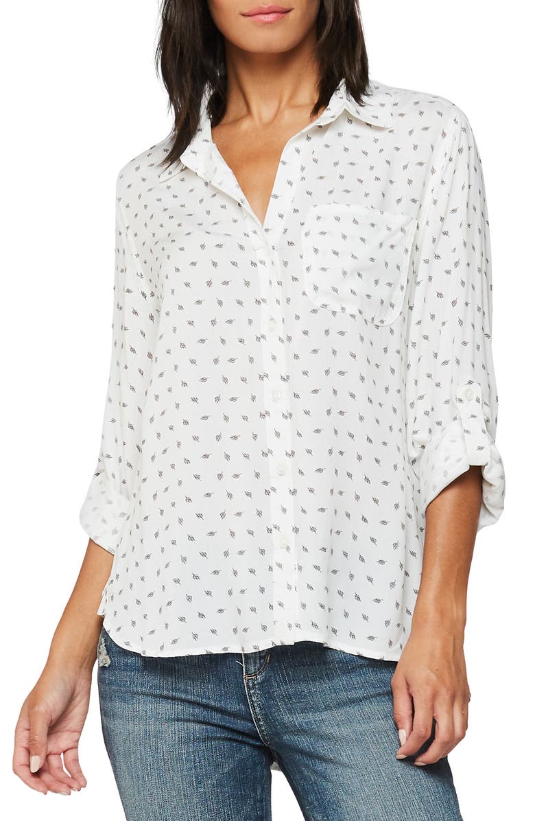 VELVET HEART Roll Tab Sleeve Shirt, Main, color, White Black Feather