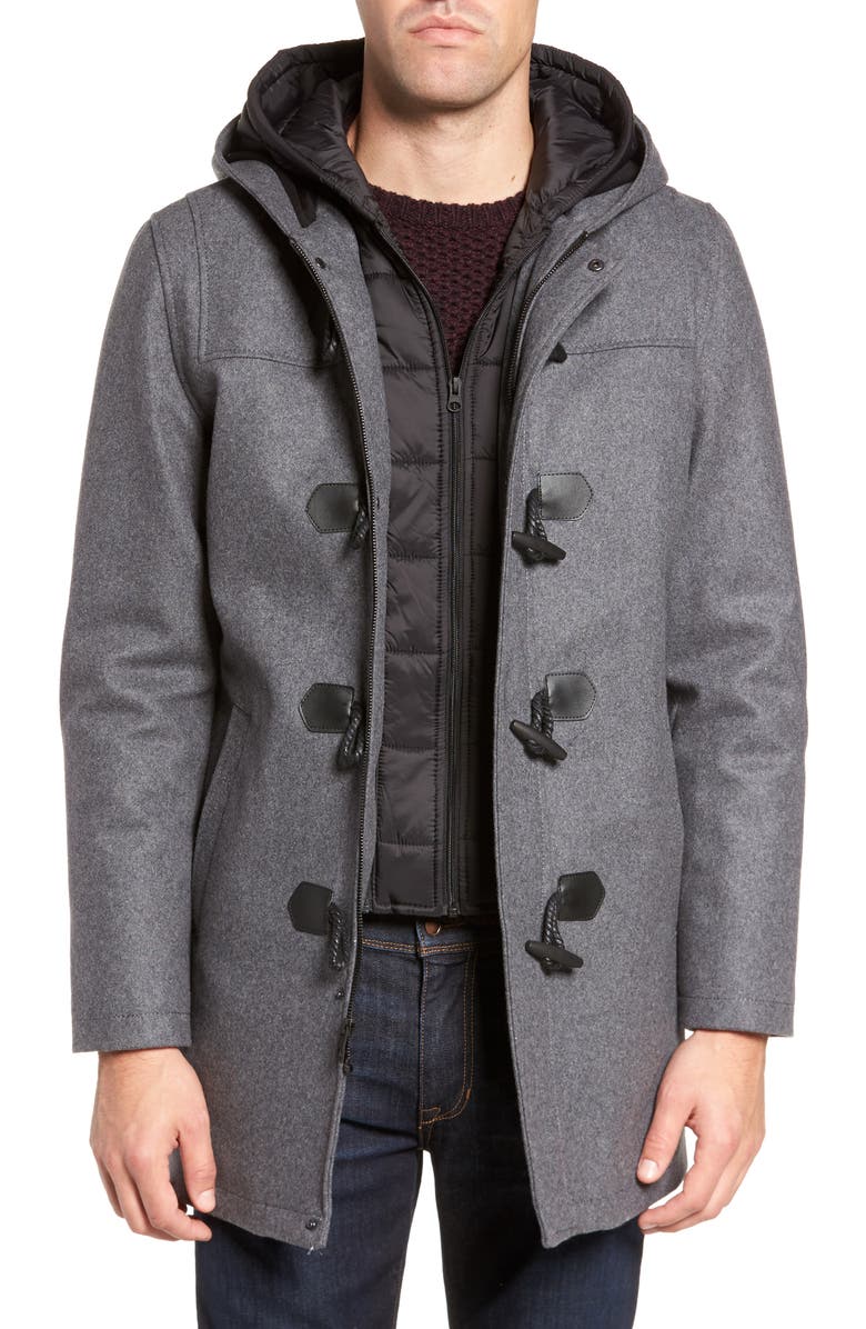 Black Rivet Wool Blend Hooded Duffle Coat, Main, color,