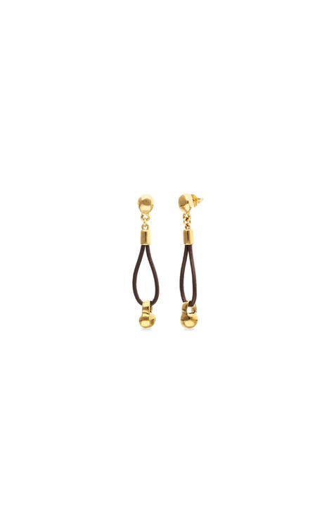 Long leather earrings with 18k gold-plated dial detail