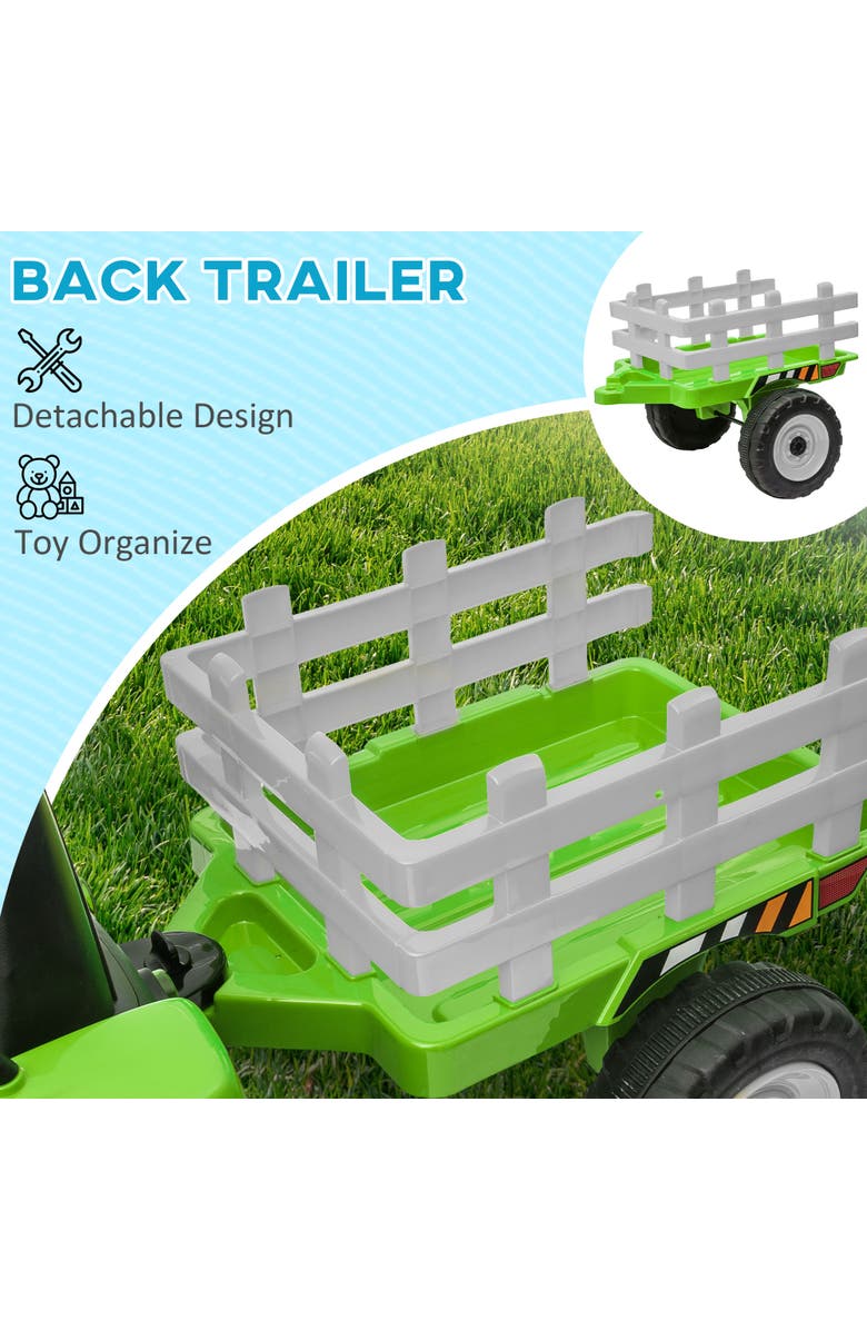 Aosom 12V Kids Ride on Tractor with Trailer, 25W Dual Motors, Remote Control, Music, Startup Sound, Horn, Lights, Alternate, color, Green