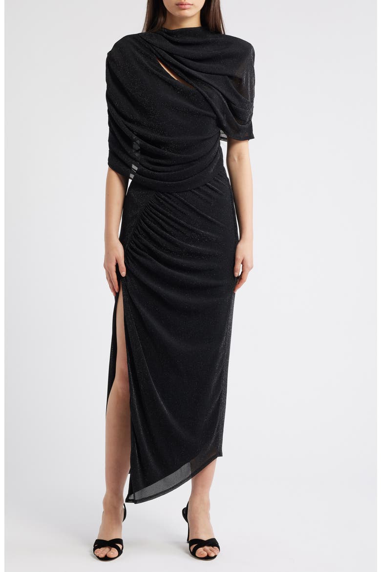 Vionna Metallic Cutout Asymmetric Cocktail Dress, Main, color, GLISTENING BLACK