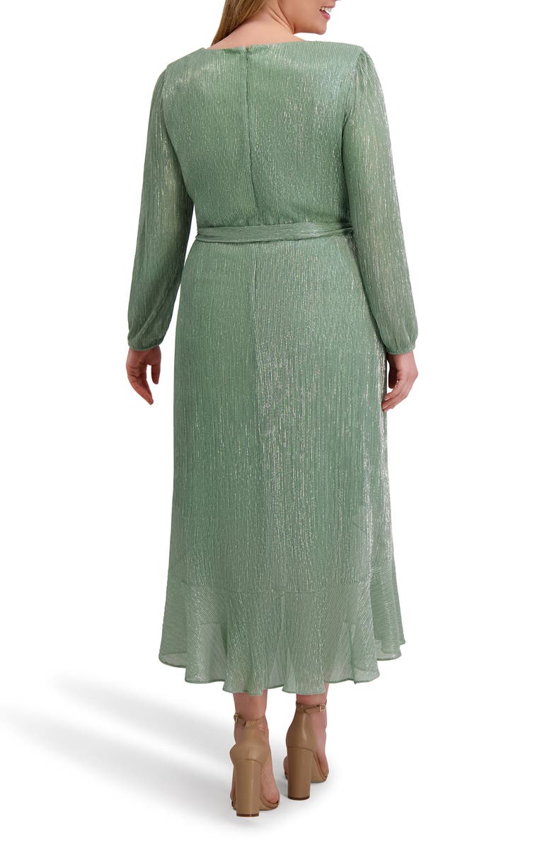 Kensie Ruffled Metallic Long Sleeve High-Low Maxi Dress, Alternate, color, Sage