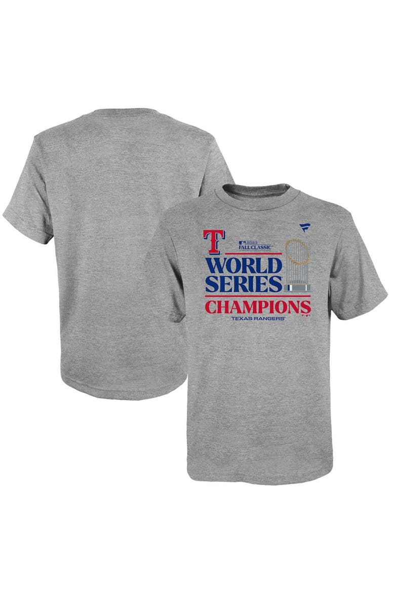 Youth Fanatics Branded Heather Gray Texas Rangers 2023 World Series Champions Locker Room T-Shirt, Alternate, color, Heather Gray
