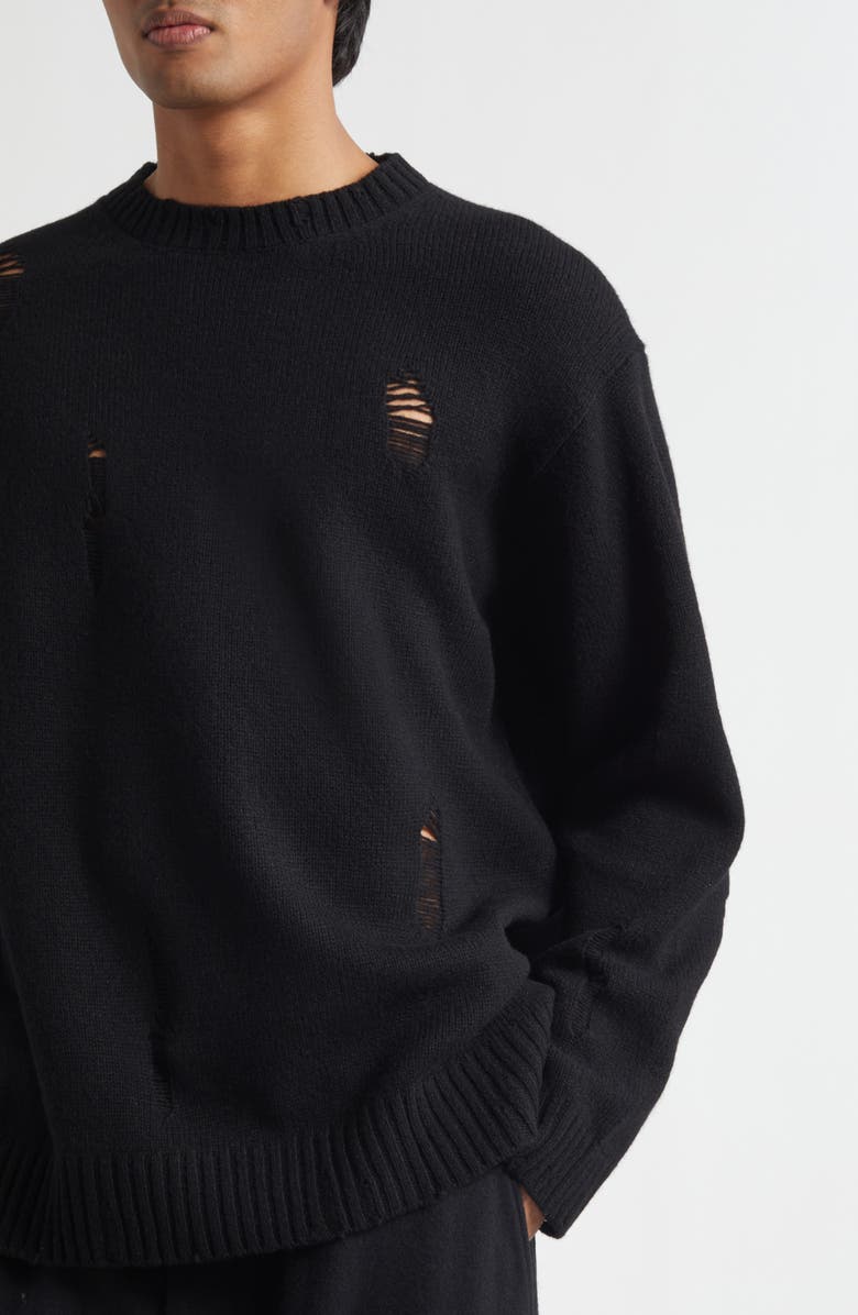 Yohji Yamamoto Distressed Wool Crewneck Sweater, Alternate, color, Black