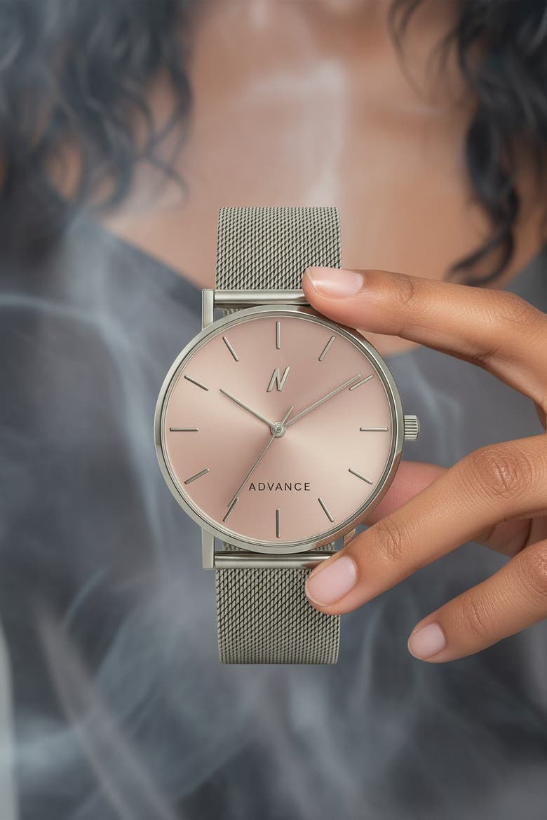 Advance Clay Rose Mesh Strap Watch, 36MM, Alternate, color, Glaciar Silver/Muted Pink