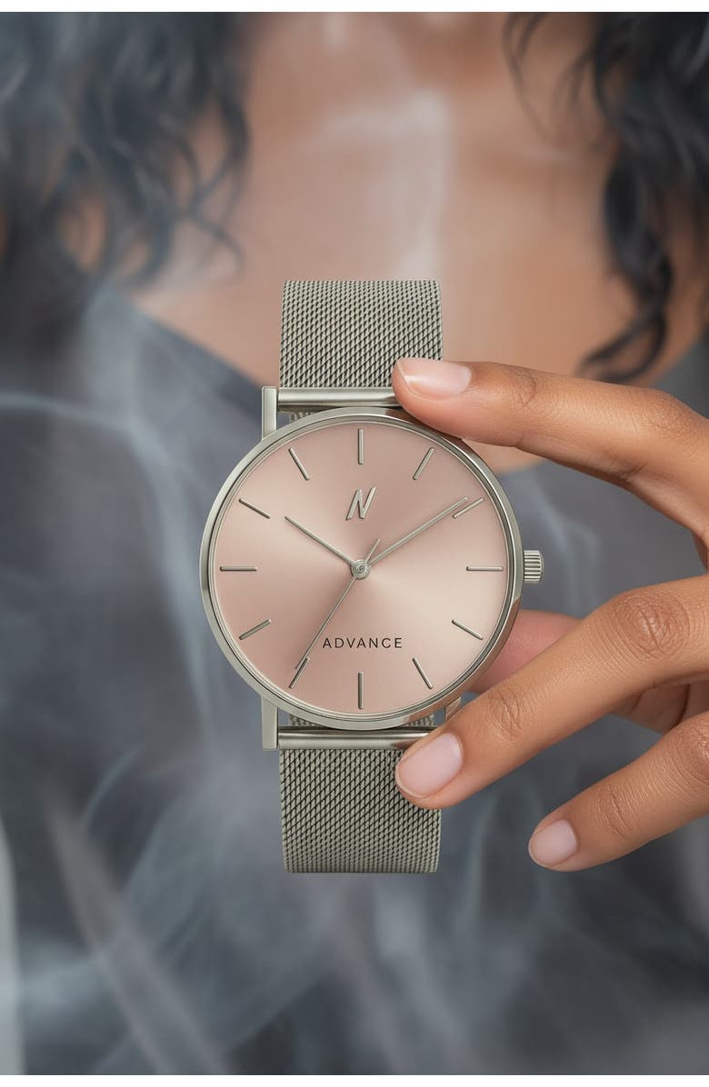 NCMPRBL Advance Blush Mesh Strap Watch, 36MM, Alternate, color, Glaciar Silver/Muted Pink