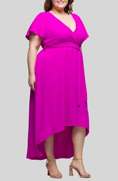 24seven Comfort Apparel Plus Size V-neck Belted Faux Wrap High Low Dress