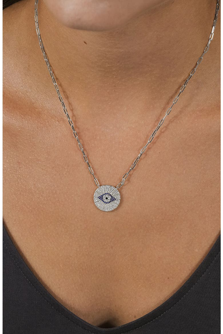 Cubic Zirconia Evil Eye Disc Pendant Necklace, Alternate, color, SILVER
