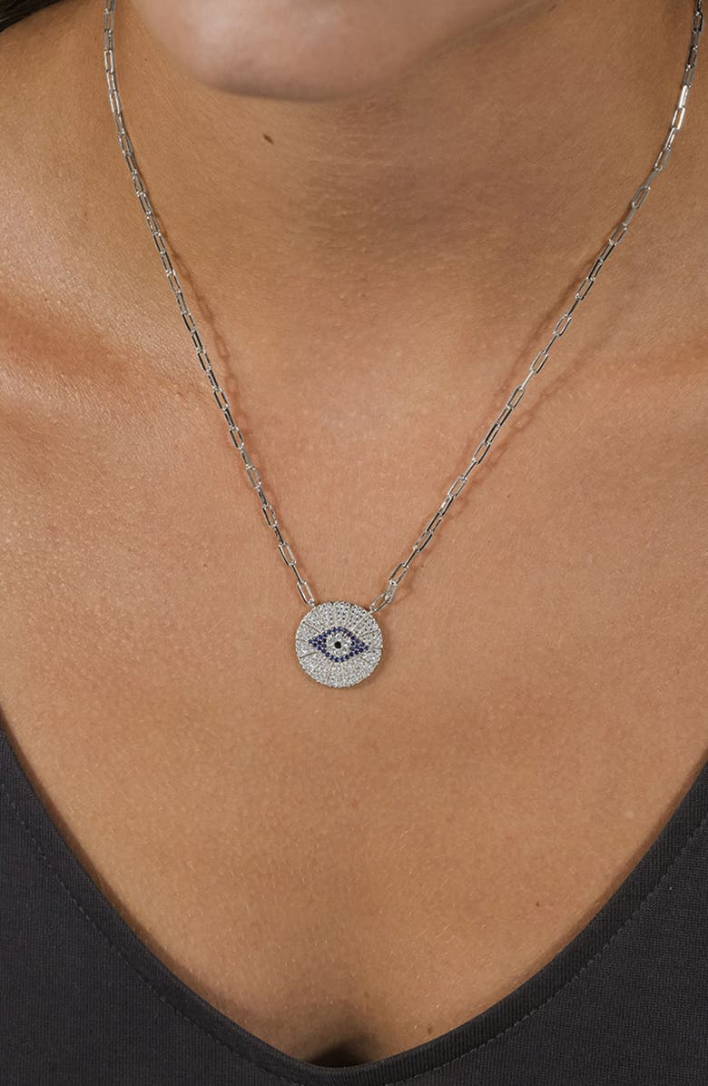 Sterling Forever Cubic Zirconia Evil Eye Disc Pendant Necklace, Alternate, color, Silver
