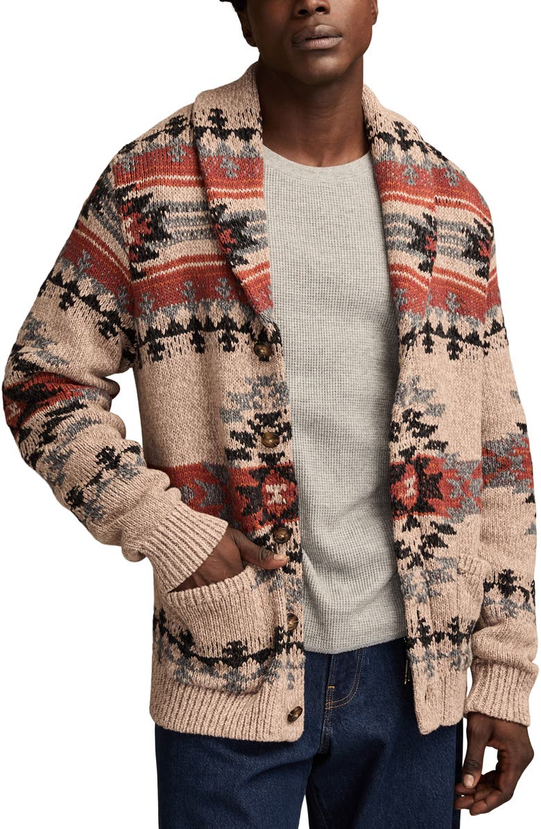 Lucky Brand Intarsia Blanket Cotton Shawl Collar Cardigan, Main, color, Neutral Combo