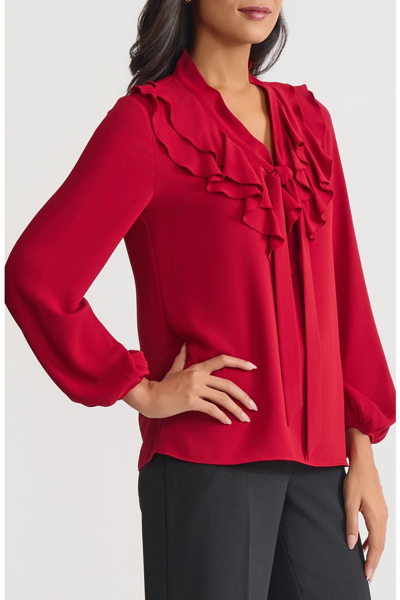 Ruffle Trim Tie Front Crepe Top, Alternate, color, FIRE RED