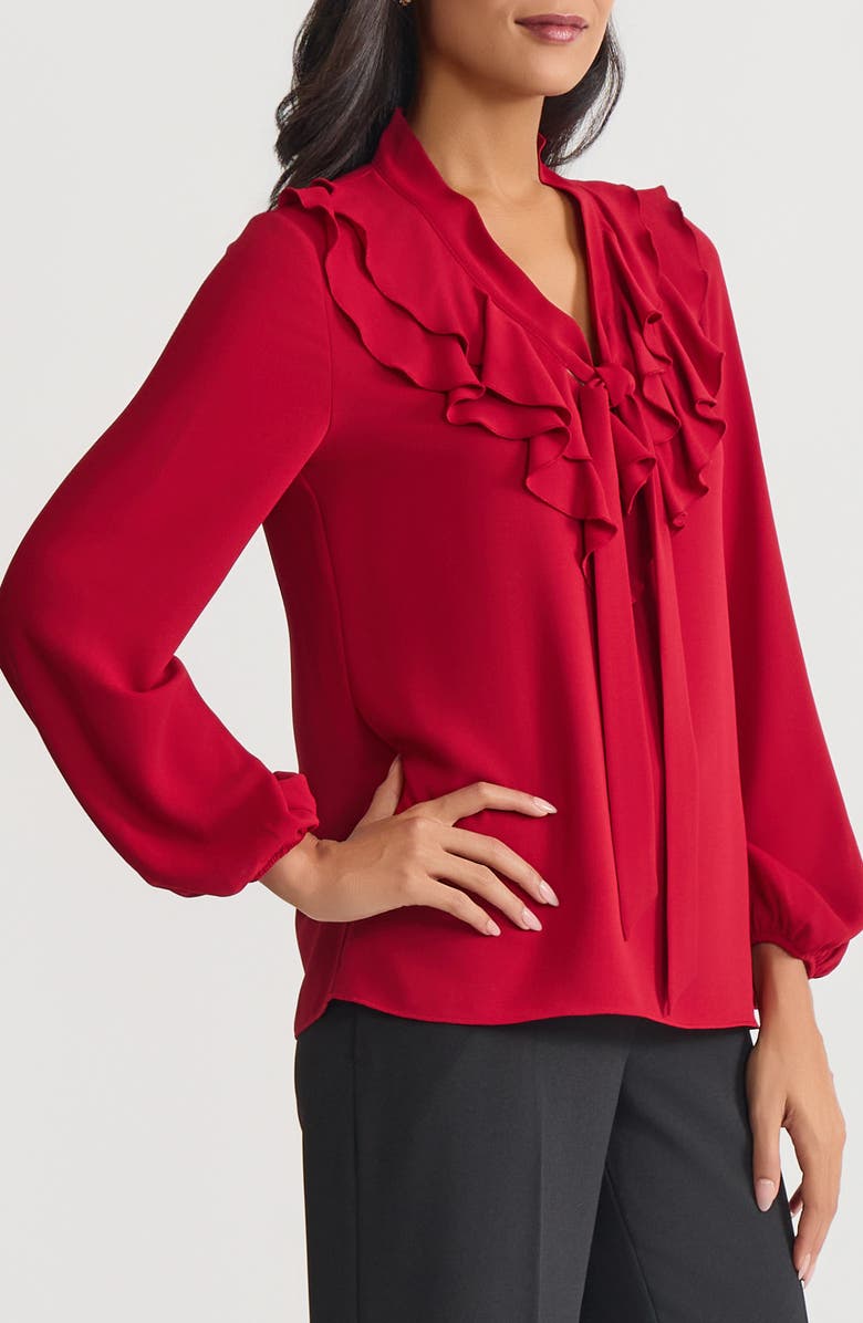 KASPER Ruffle Trim Tie Front Crepe Top, Alternate, color, Fire Red