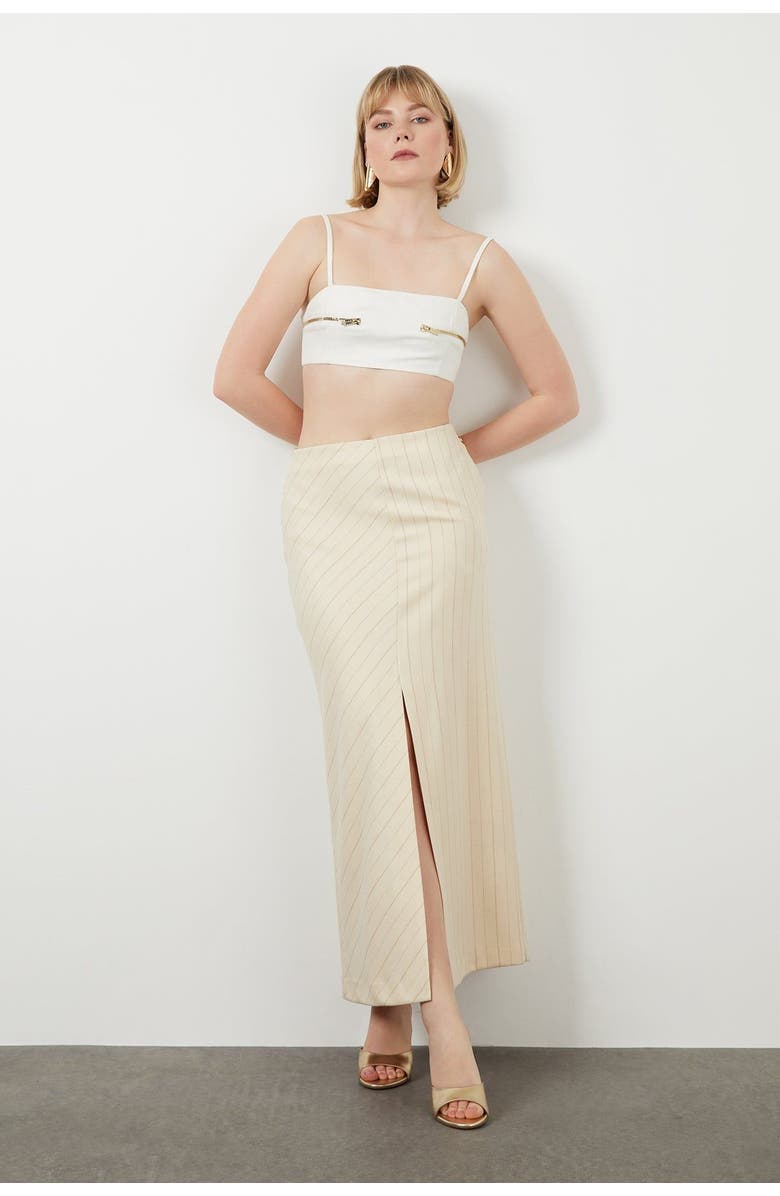 Gizia Striped Slit Off-White Tailored Long Skirt, Main, color,