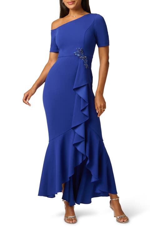 Asymmetrical Beaded Crepe Gown