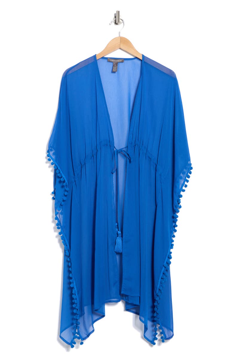 Vince Camuto Pompom Trim Chiffon Topper, Alternate, color, Blue