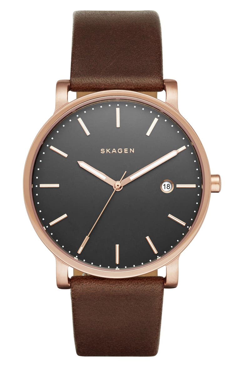 'Hagen' Round Leather Strap Watch, 40mm, Main, color, BROWN/ ROSE GOLD