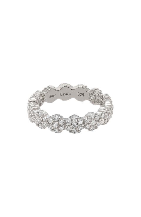 Sterling Silver White CZ Flower Pave Eternity Band Ring