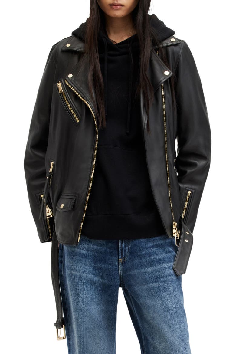 Billie Oversize Leather Biker Jacket, Main, color, BLACK/ GOLD