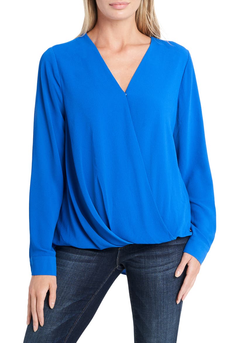 Long Sleeve Faux Wrap Blouse, Main, color, COBALT BLUE