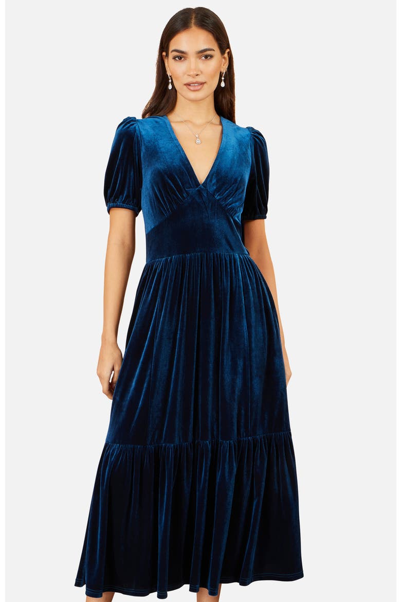Puff Sleeve V-Neck Velvet Midi Dress, Alternate, color, Teal