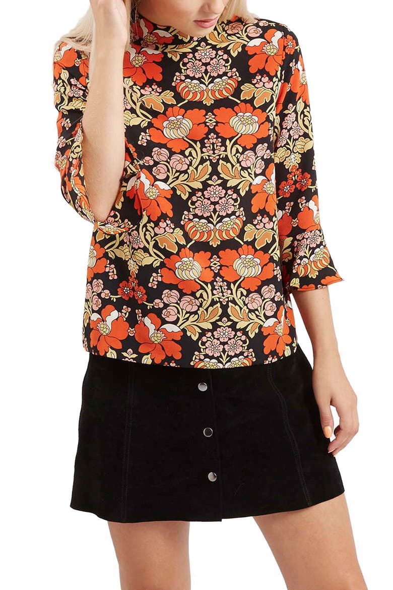 Floral Print High Neck Top, Main, color, ORANGE MULTI