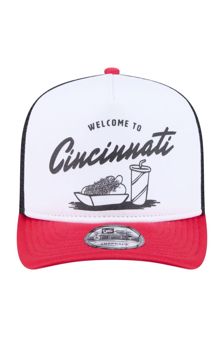 Men's New Era  White/Red Cincinnati Reds Foodie A-Frame 9FIFTY Trucker Snapback Hat, Alternate, color, White