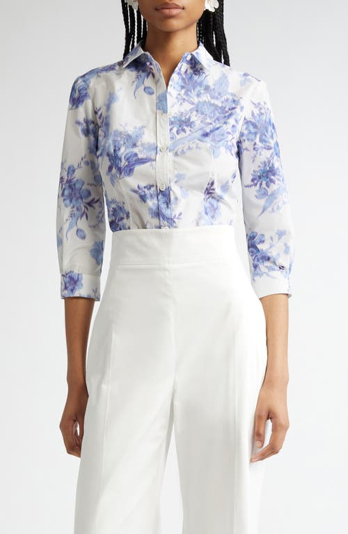 Carolina Herrera Blur Floral Button-down Icon Blouse In Ivory/blue